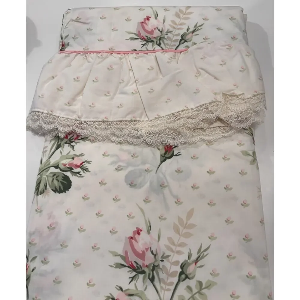 New Vintage Double Flat Sheet Percale No Iron Pink Rosebuds & Lace